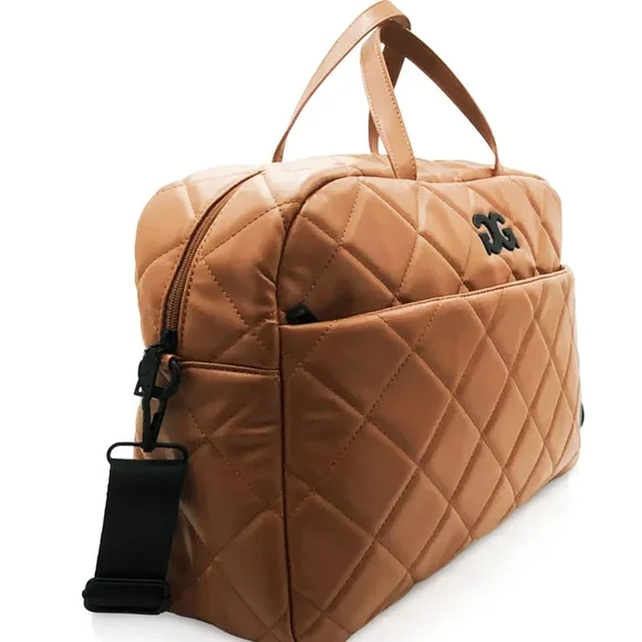 Tan and Black Quilted Duffel Bag with Adjustable Strap - Picture 2 of 3